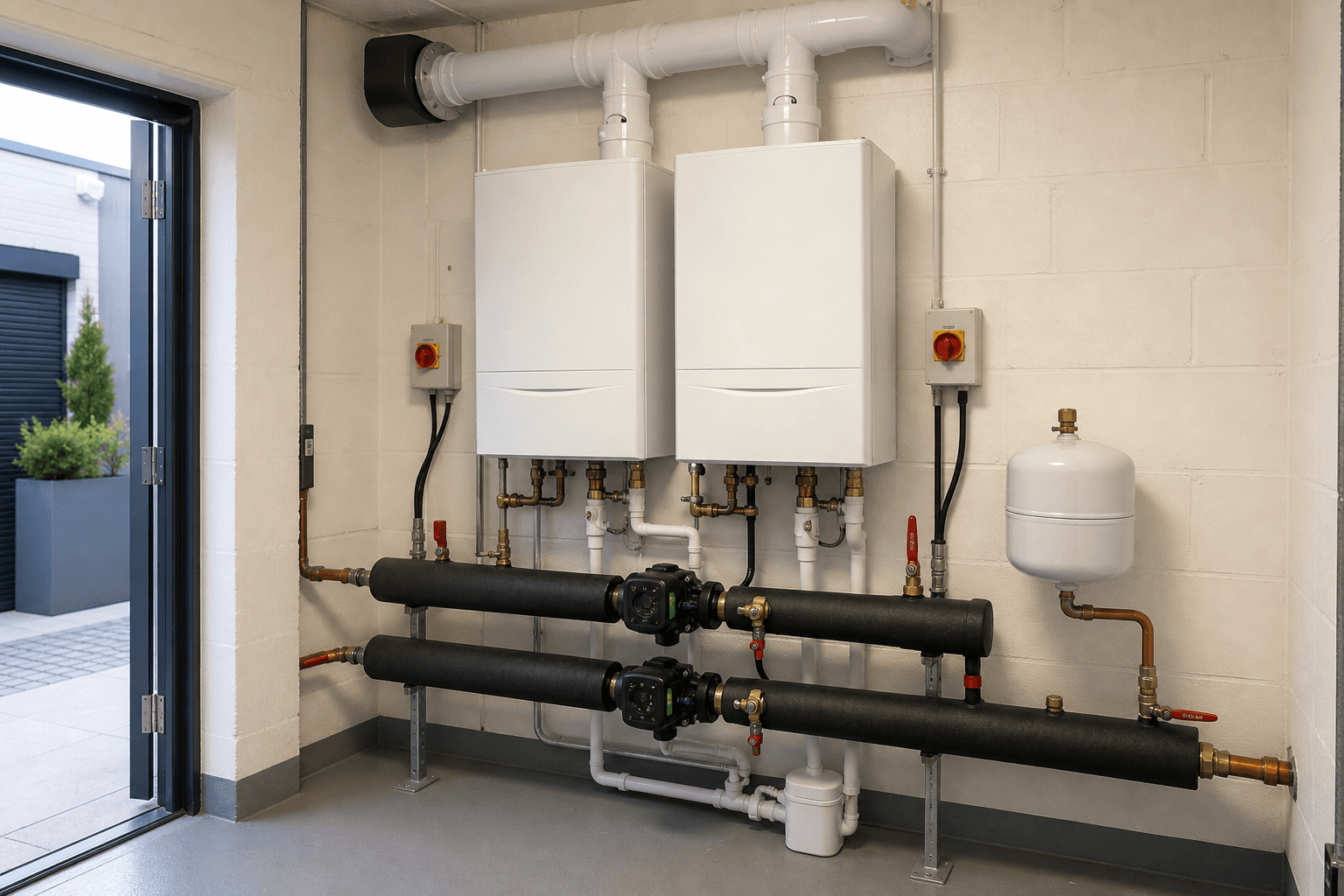 Organised commercial plant room serving a modern workplace