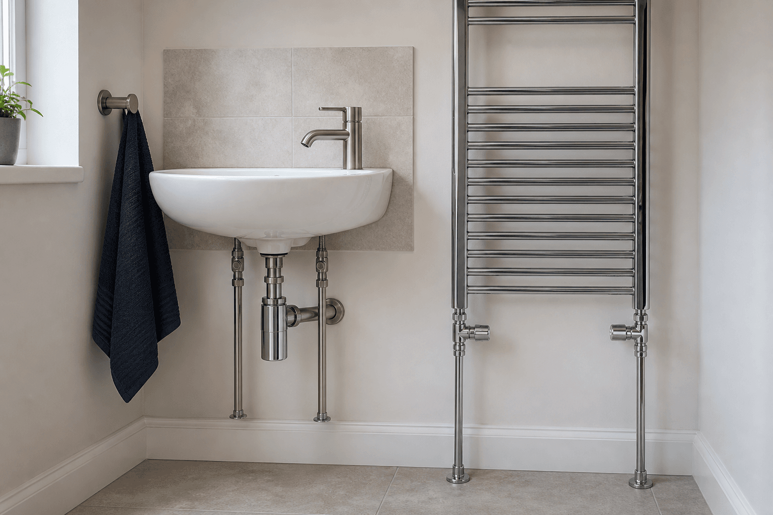 Neat plumbing connections beneath a modern basin